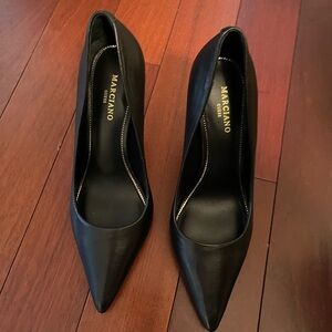 Marciano Black Leather Pumps with Gold Trim